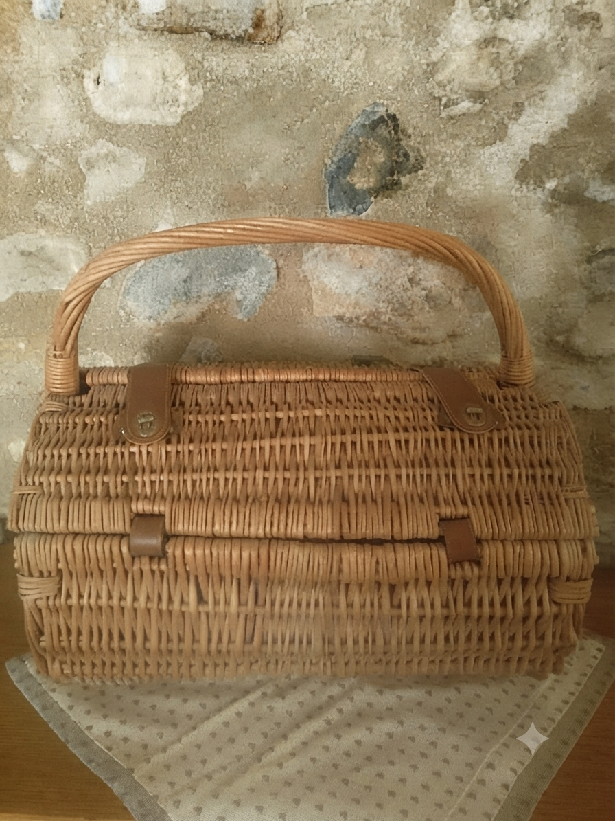 Panier de Pique-Nique Vintage en Osier et Cuir