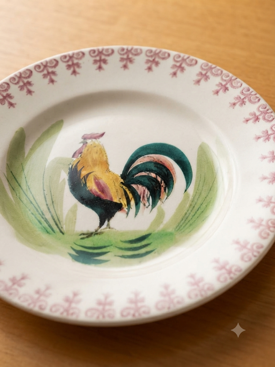 Assiette ancienne faïence Vieux Saint-Amand — Décor coq & frise rose (24 cm)