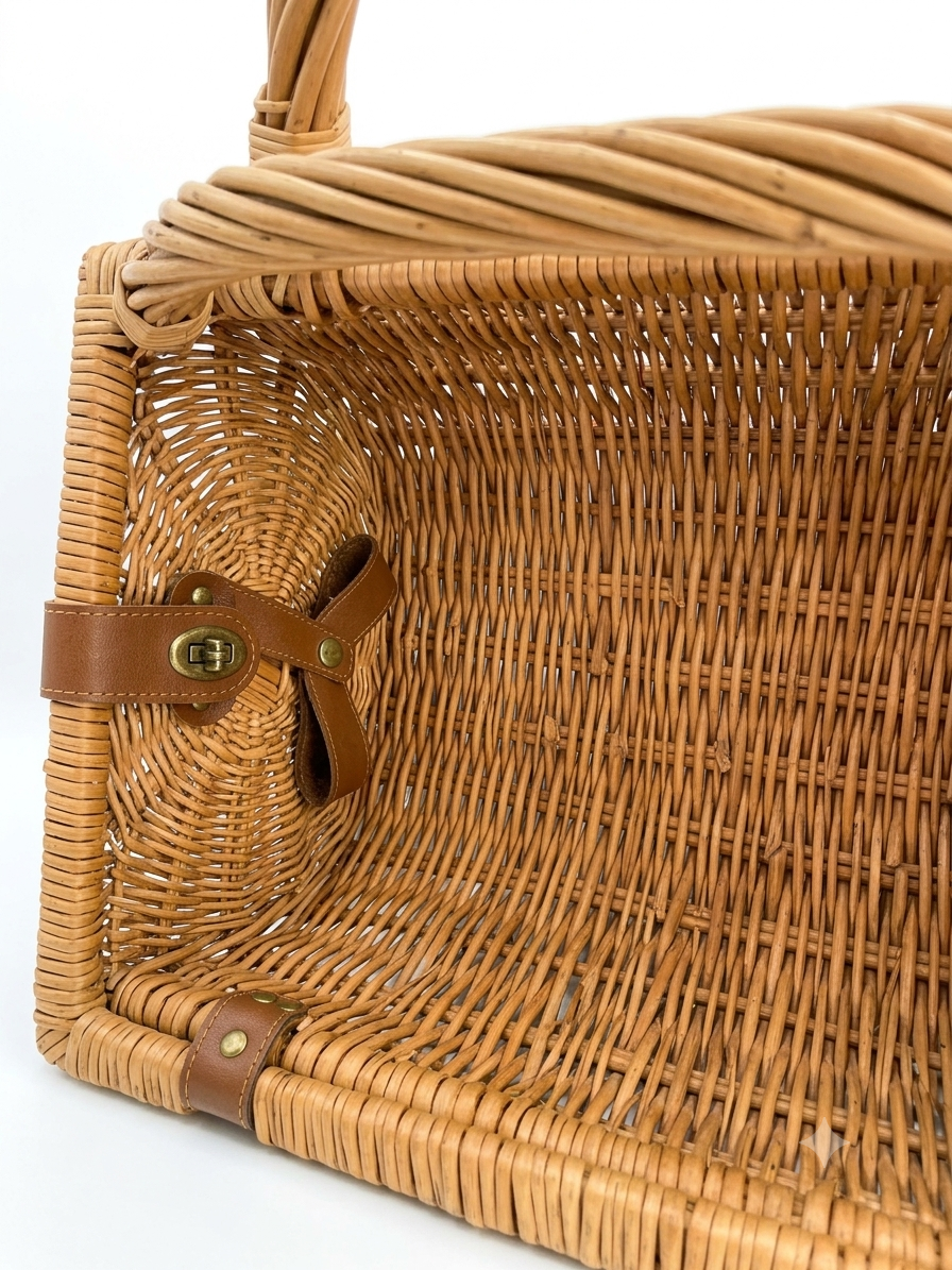 Panier de Pique-Nique Vintage en Osier et Cuir