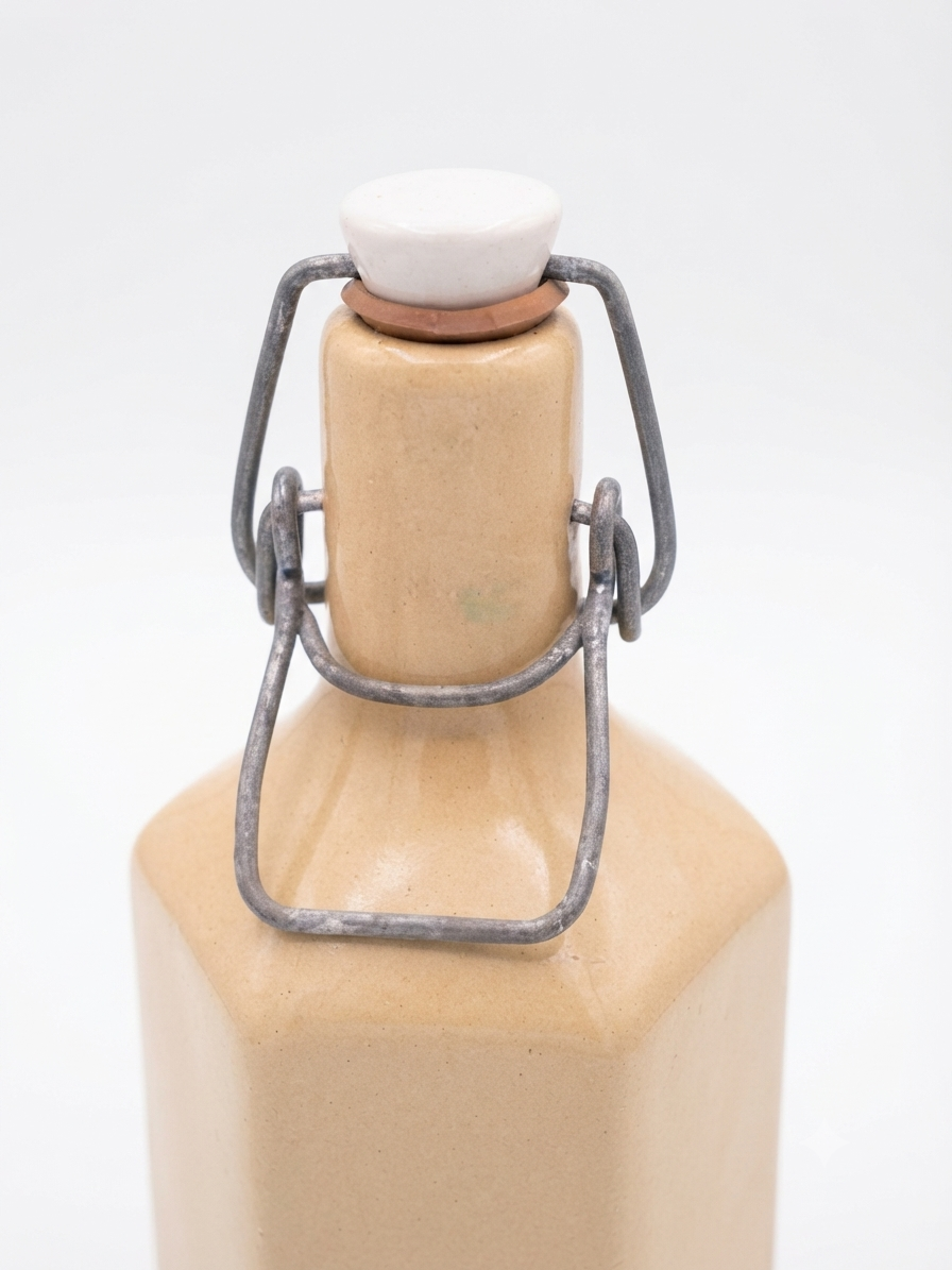 Esprit Campagne : Ancienne bouteille en céramique beige et métal patiné