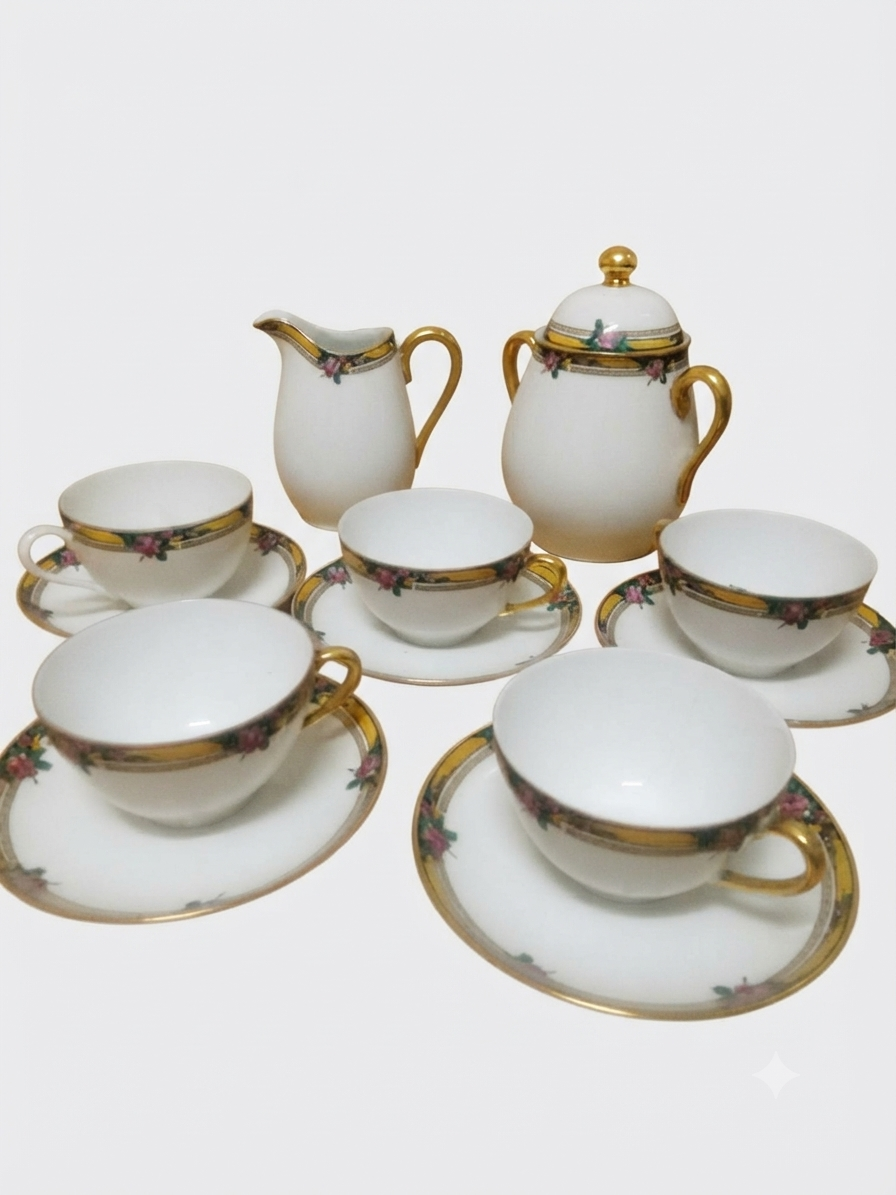 Service à thé ancien en porcelaine de Limoges – Liseré jaune et bouquets de roses