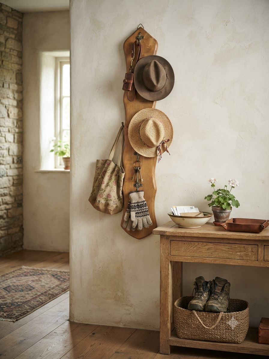 Long porte-manteau mural ancien en bois chantourné – 5 patères chérubins en laiton
Option esprit cottage