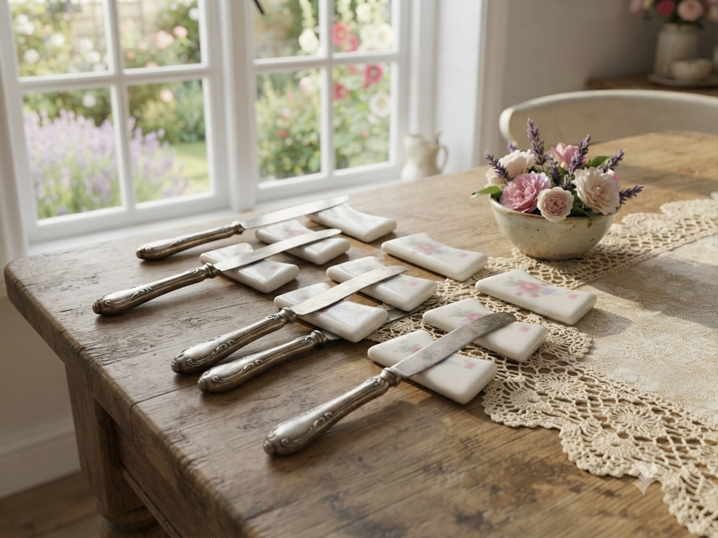Service de 12 porte-couteaux anciens décor roses et myosotis — Charme Shabby Chic