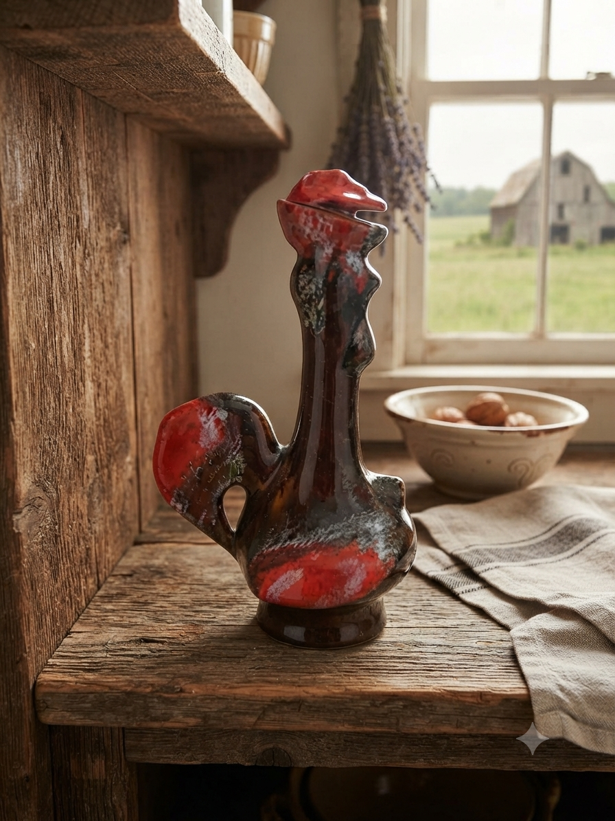 Pichet verseur coq émaillé brun et rouge – Style rétro vintage mid-century.