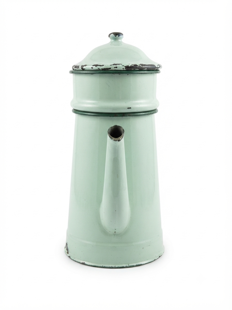 Grande cafetière ancienne en tôle émaillée bleu ciel pastel – Déco campagne cottage vintage