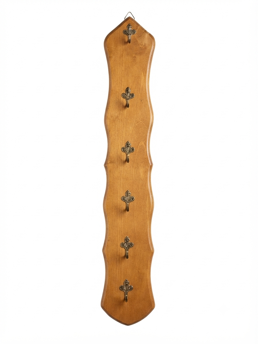 Long porte-manteau mural ancien en bois chantourné – 5 patères chérubins en laiton
Option esprit cottage