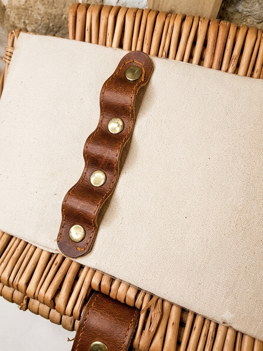 Panier de Pique-Nique Vintage en Osier et Cuir