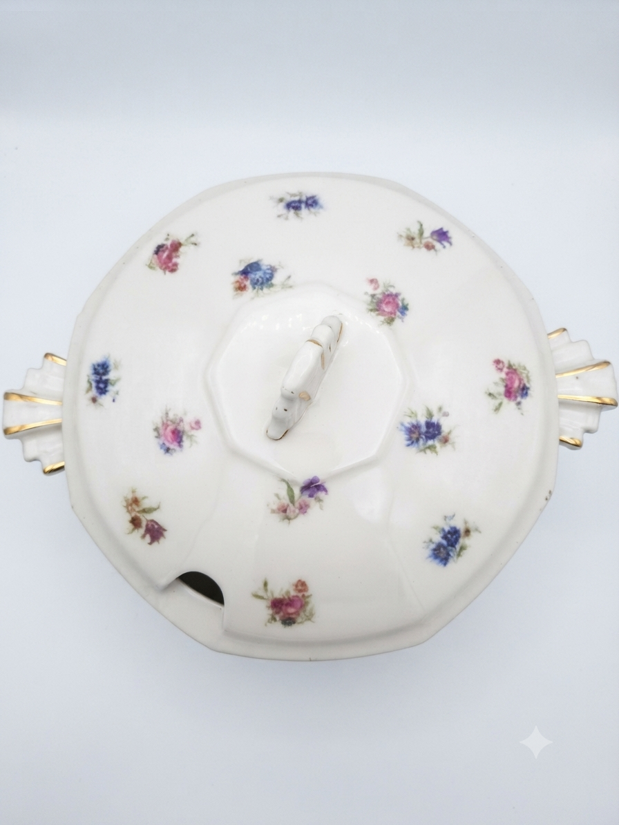 Superbe soupière / légumier vintage Limoges F.G. - Décor floral & or