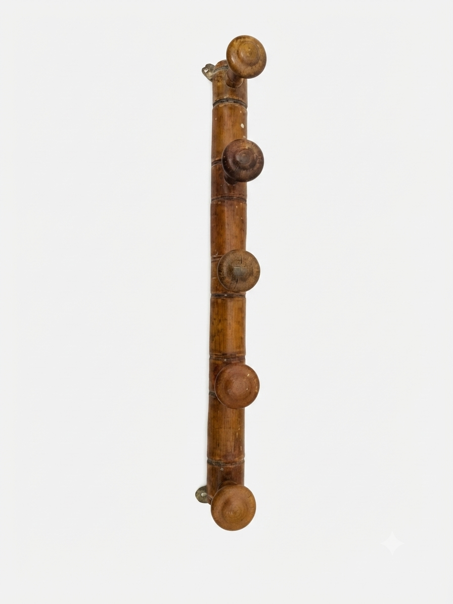 Patère ancienne en bois type bambou tourné (5 pompons / patères)
