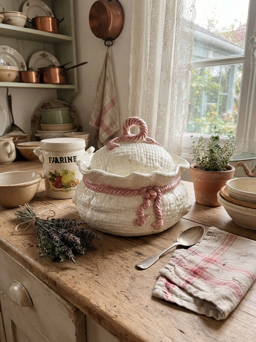 Pot / Bonbonnière en faïence vintage « Sac noué » rose et blanc – Made in Italy