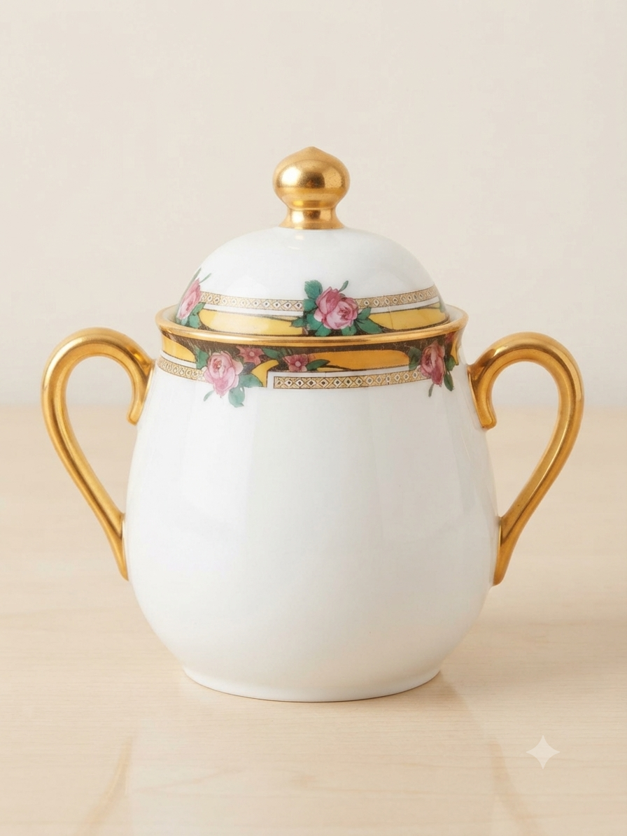 Service à thé ancien en porcelaine de Limoges – Liseré jaune et bouquets de roses