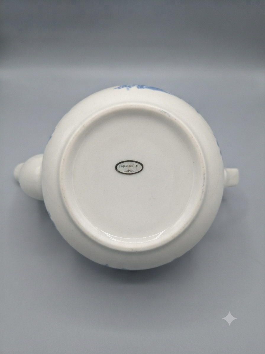 Service à thé japonais vintage bleu & blanc – Pagodes et anse en osier (6 tasses)