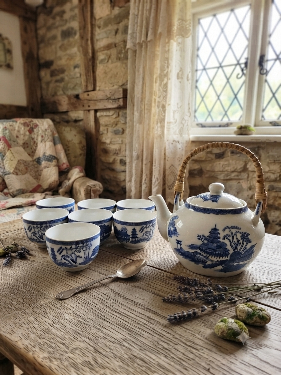 Service à thé japonais vintage bleu & blanc – Pagodes et anse en osier (6 tasses)