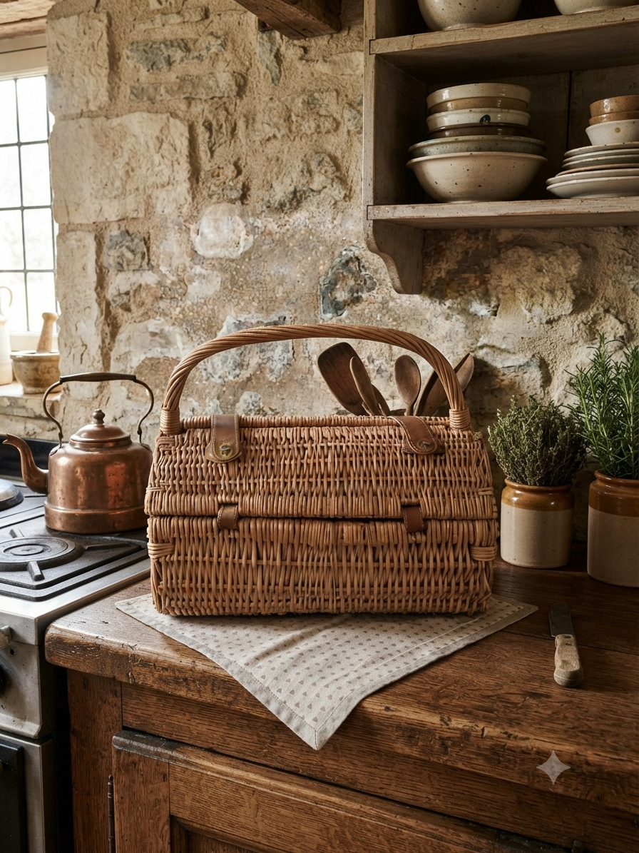 Panier de Pique-Nique Vintage en Osier et Cuir