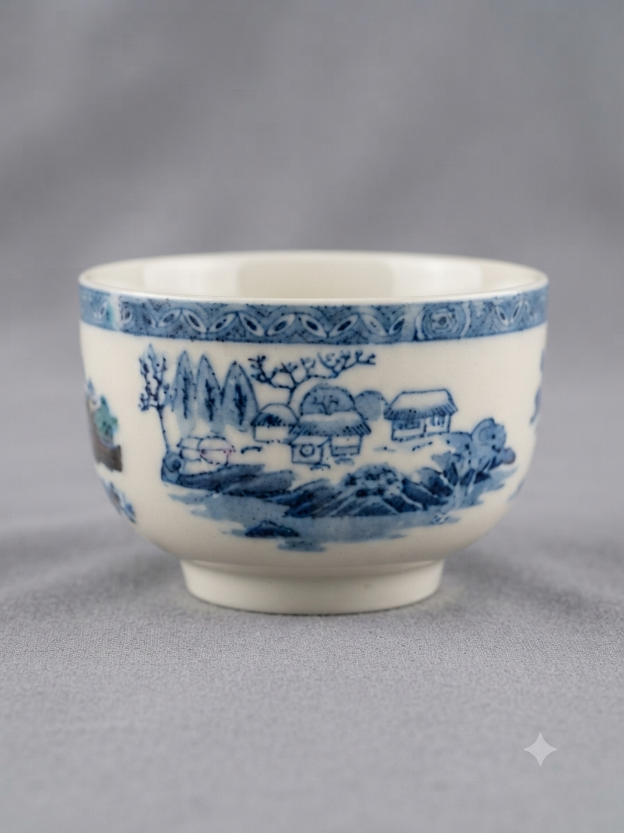Service à thé japonais vintage bleu & blanc – Pagodes et anse en osier (6 tasses)