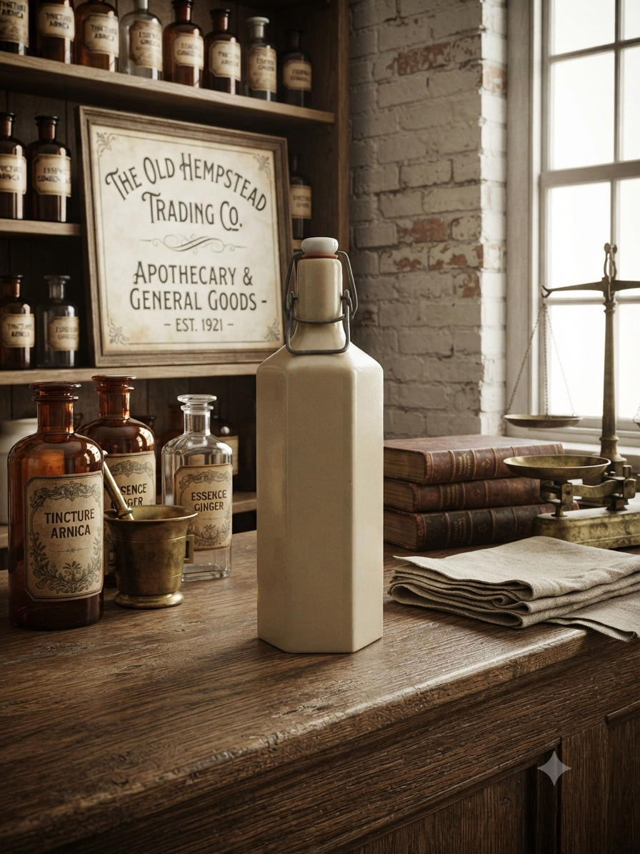 Esprit Campagne : Ancienne bouteille en céramique beige et métal patiné