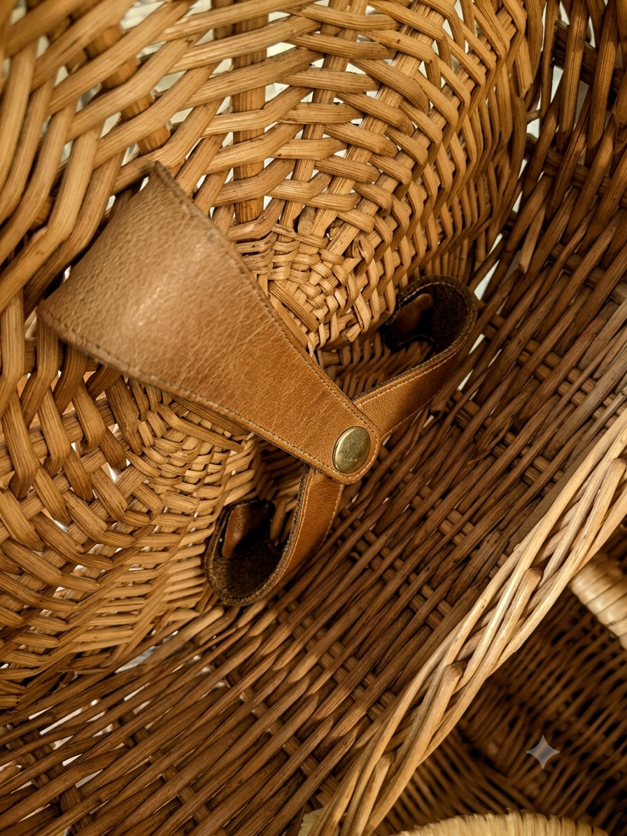 Panier de Pique-Nique Vintage en Osier et Cuir