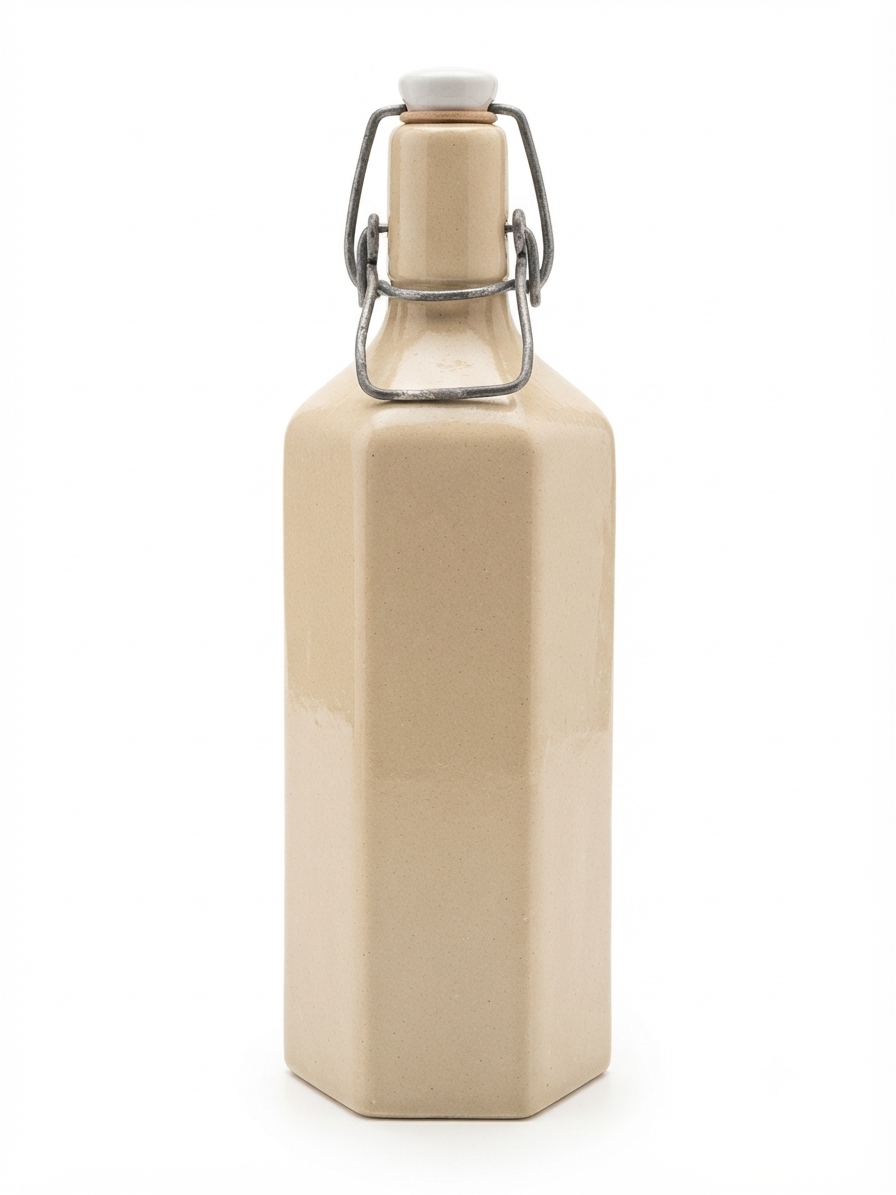 Esprit Campagne : Ancienne bouteille en céramique beige et métal patiné