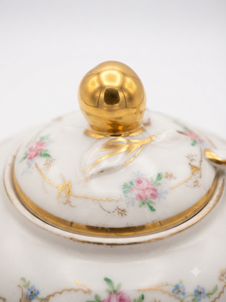 Service à thé vintage "Royal Crown Porcelain" – Rosées & Filets d'or (Théière & 2 tasses)