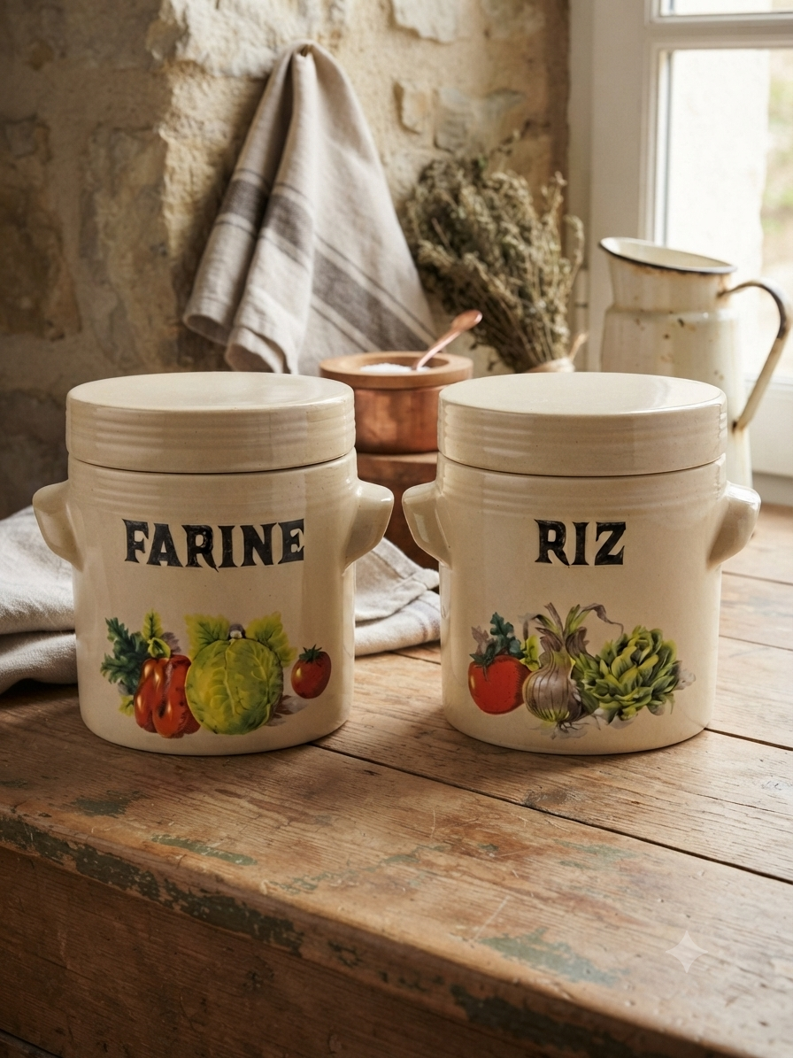 Duo de pots anciens en faïence beige « Farine & Riz » – LML France, Style Campagne
Anciens pots de conservation