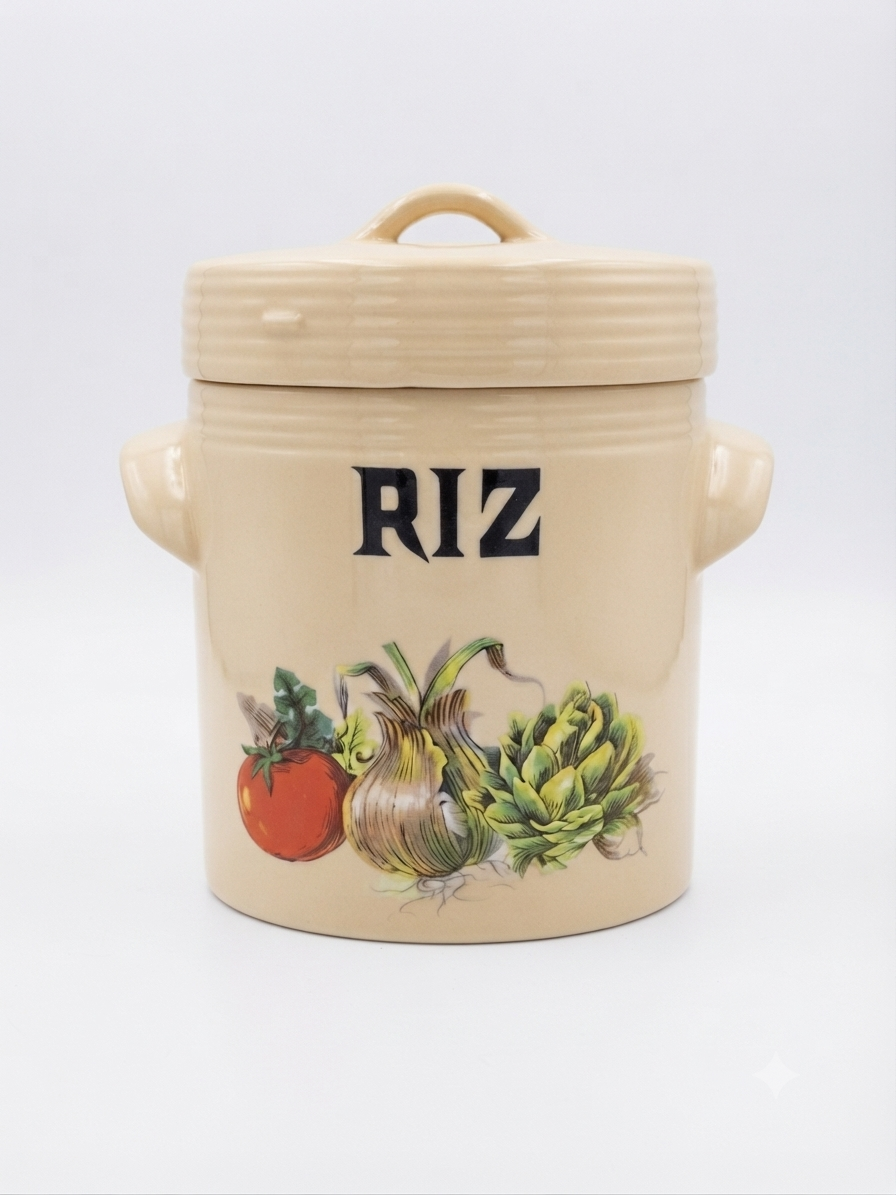 Duo de pots anciens en faïence beige « Farine & Riz » – LML France, Style Campagne
Anciens pots de conservation