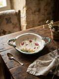 Style authentique : Ravier / Plat ancien en faïence liseré vert & bouquets de tulipes