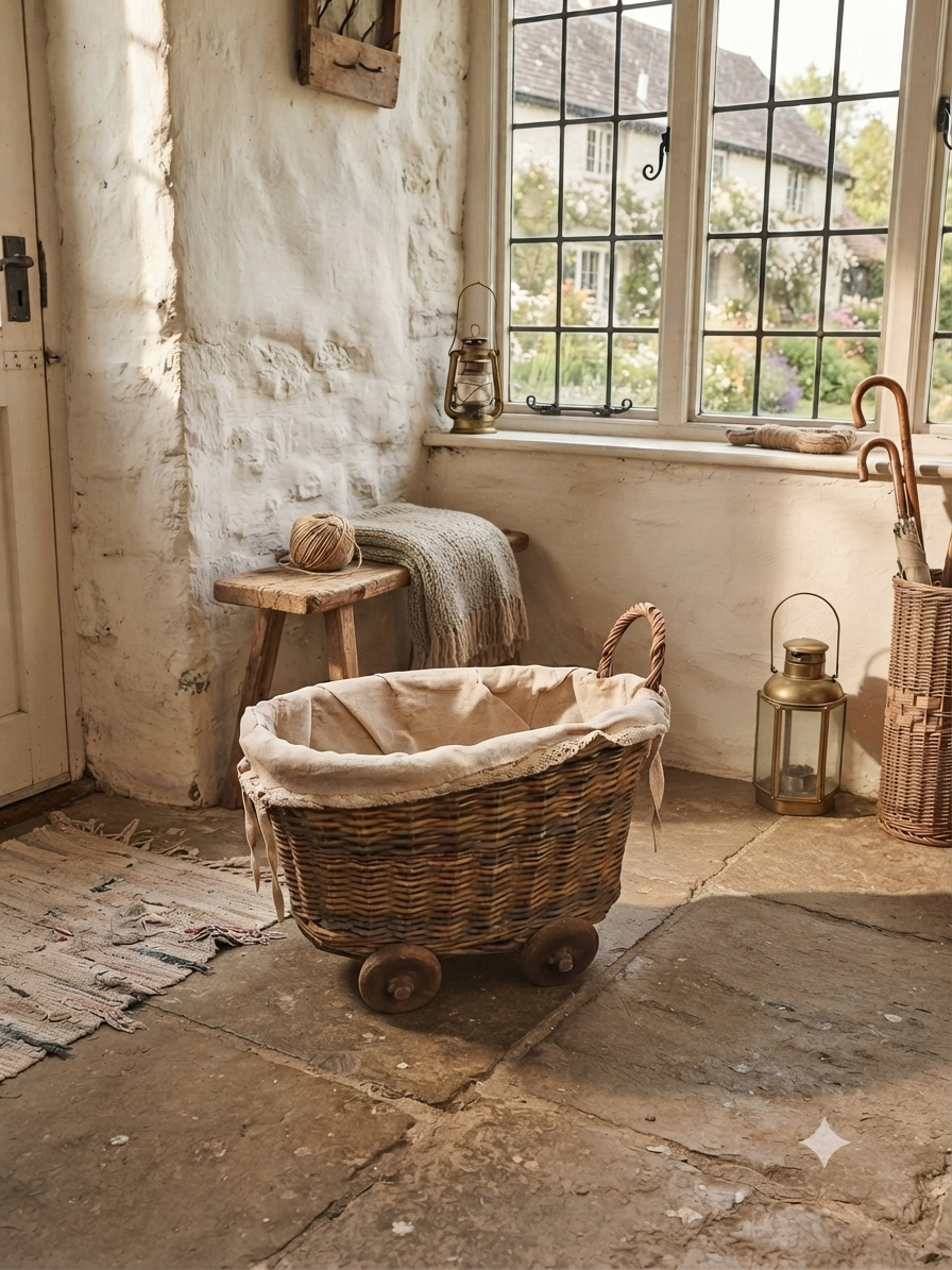 Ancien chariot panier en osier sur roues - Style campagne chic