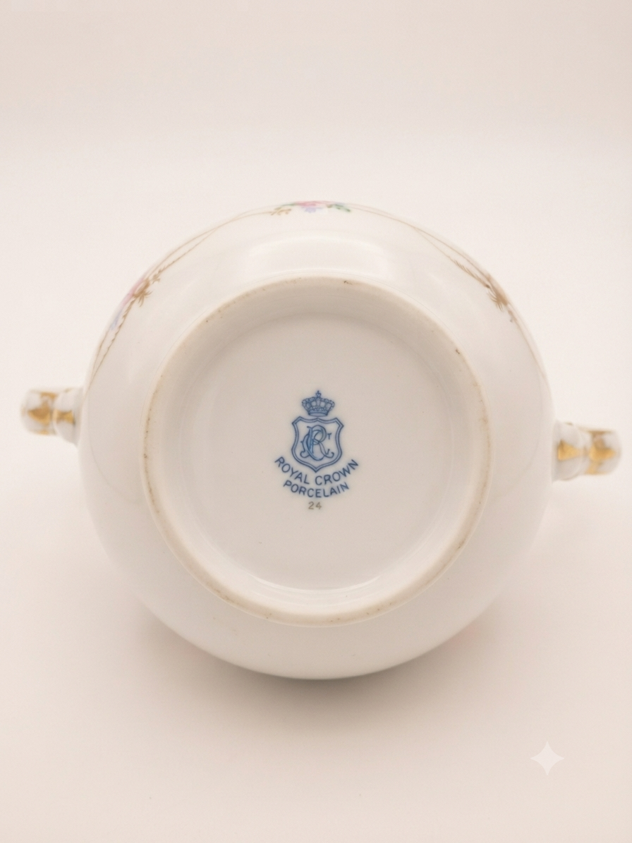 Service à thé vintage "Royal Crown Porcelain" – Rosées & Filets d'or (Théière & 2 tasses)
