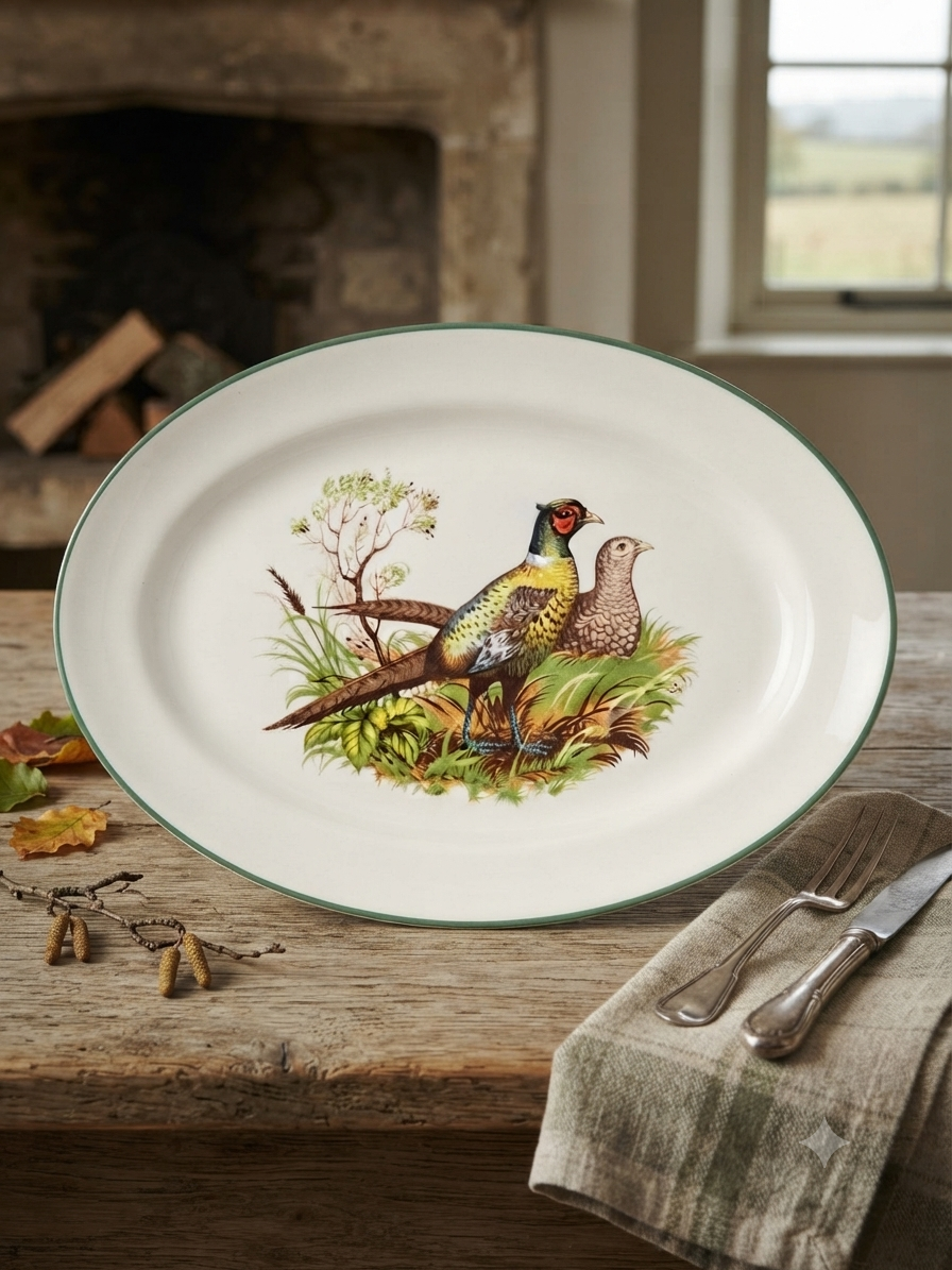 Plat de service ovale en faïence ancienne "Scène de sous-bois & faisans", art de la table cottage