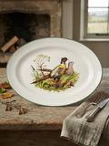 Plat de service ovale en faïence ancienne "Scène de sous-bois & faisans", art de la table cottage