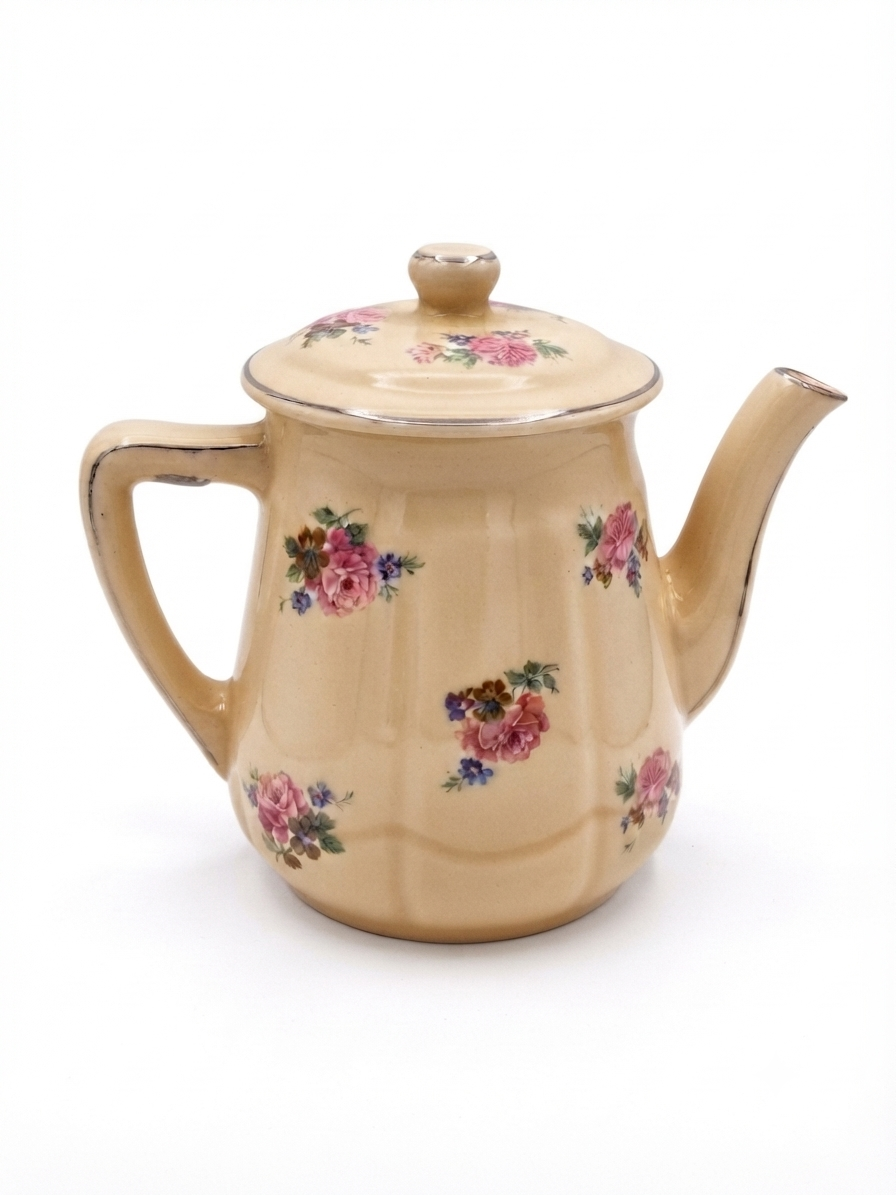 Petite cafetière ancienne en faïence crème et décor de roses rétro