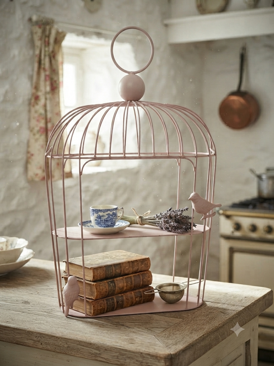 Étagère cage à oiseaux « Douceur poudrée » – Shabby & Poétique