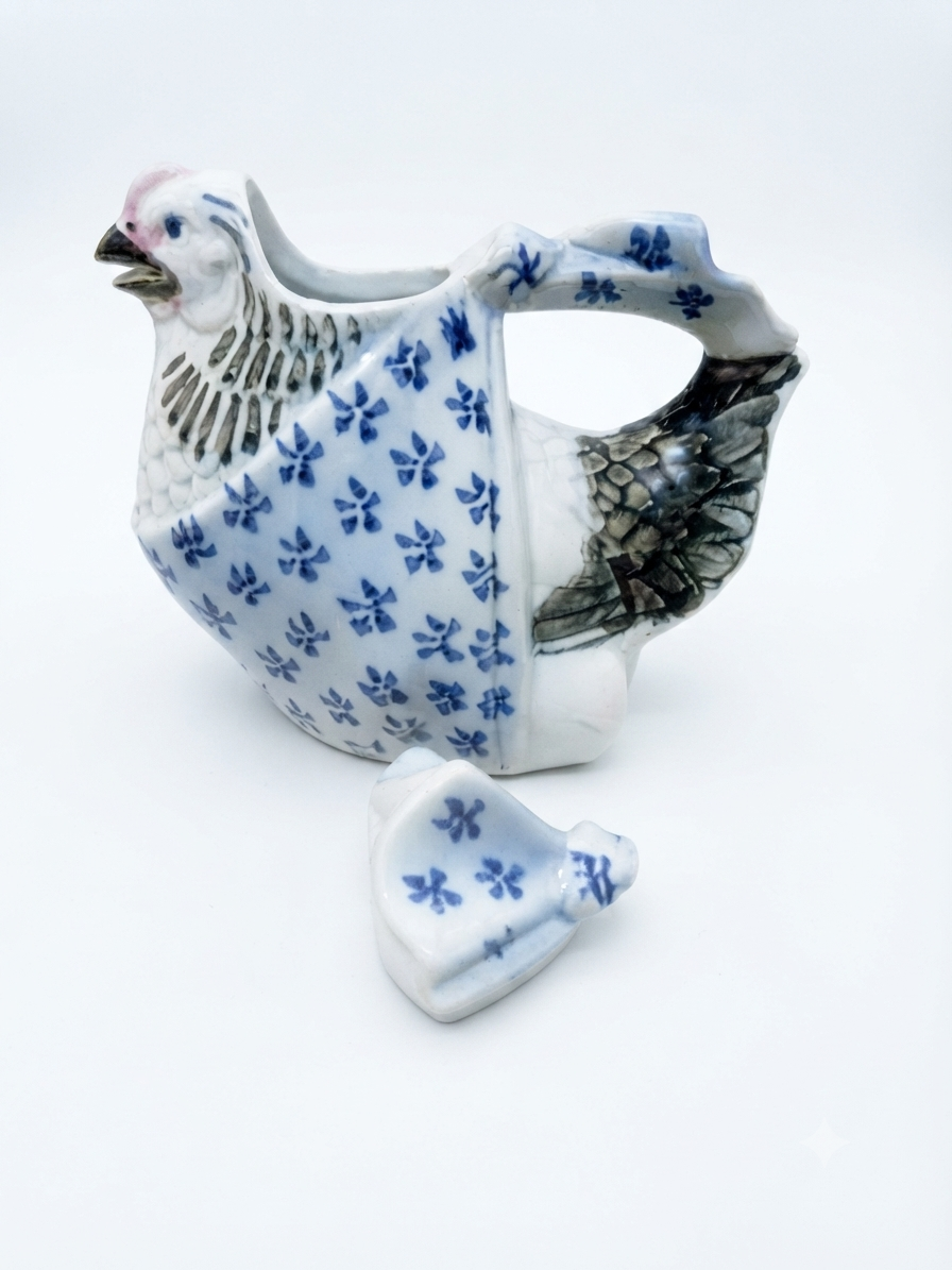 Douceur Campagne — Adorable coq/poule en faïence ancienne et motifs bleus