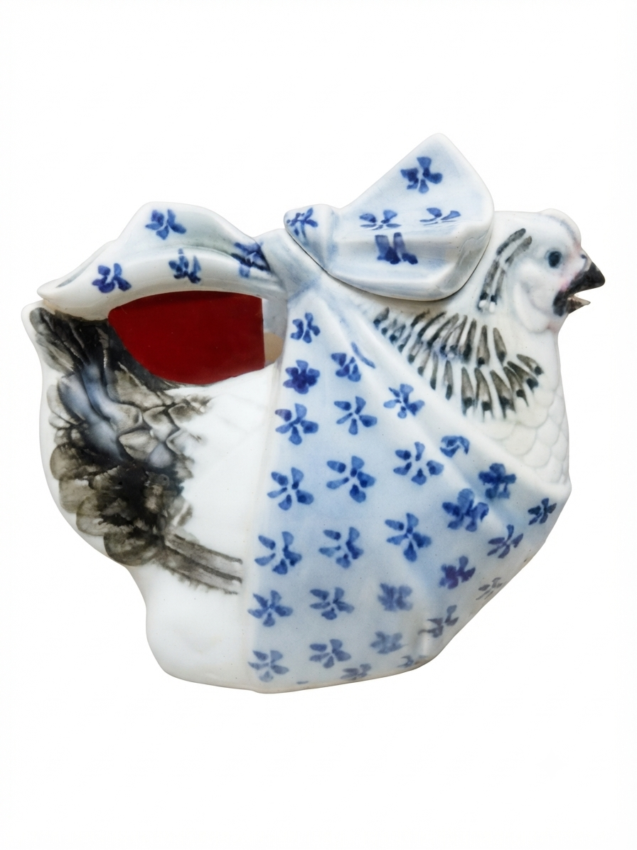 Douceur Campagne — Adorable coq/poule en faïence ancienne et motifs bleus