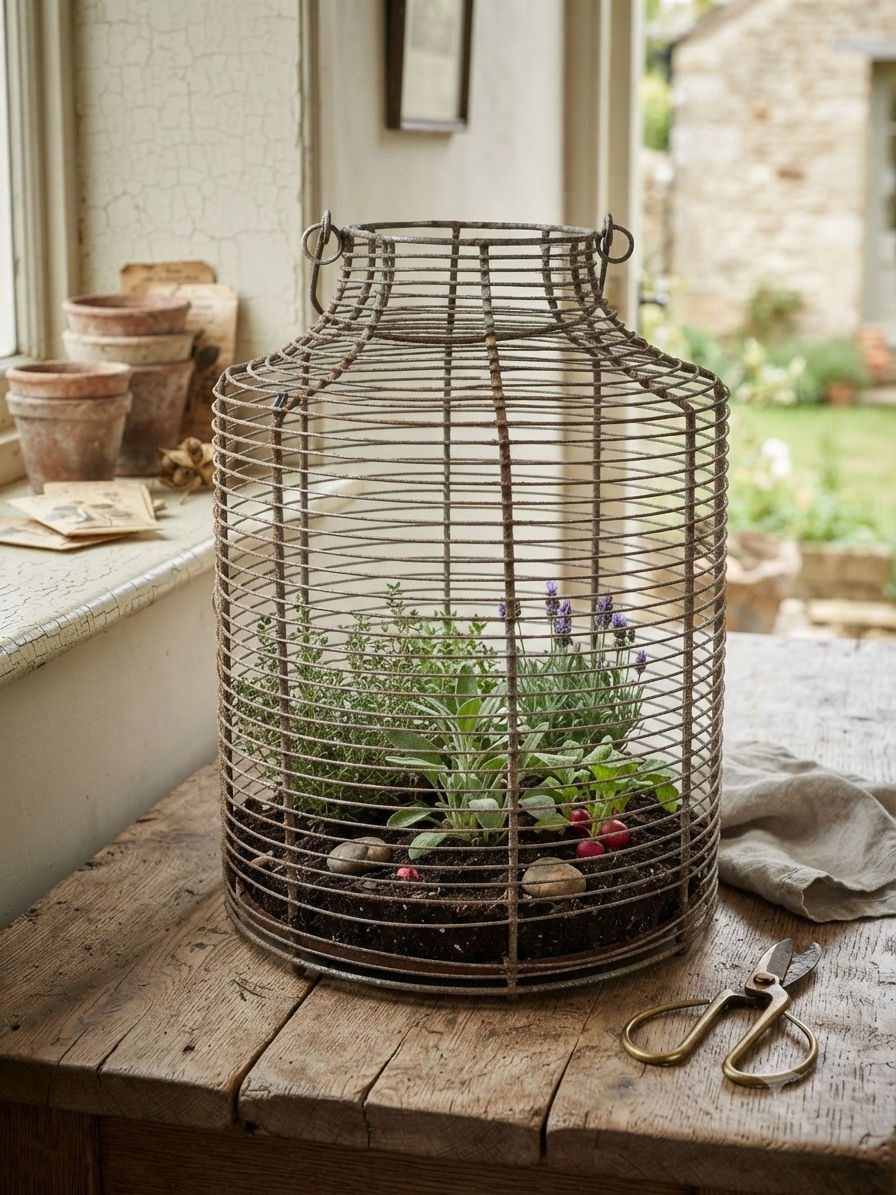 Grande cage-lanterne en fil de fer patiné – Esprit campagne & cottage