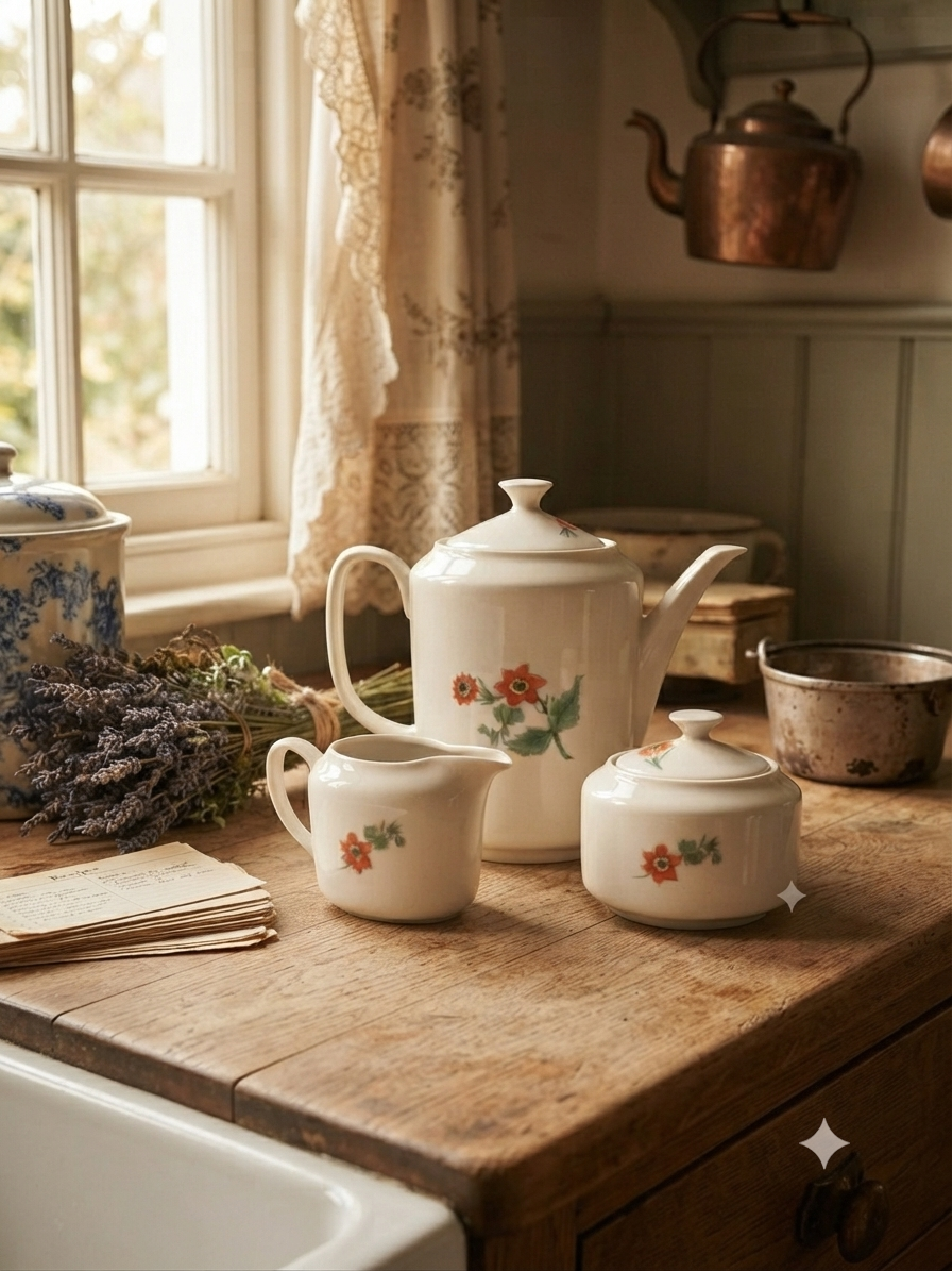 Service à thé vintage "European Tableware" en porcelaine florale orange