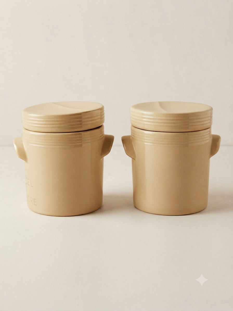 Duo de pots anciens en faïence beige « Farine & Riz » – LML France, Style Campagne
Anciens pots de conservation