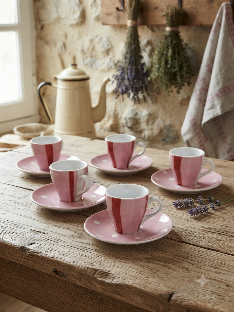 Service de 6 tasses à café vintage rose à pois