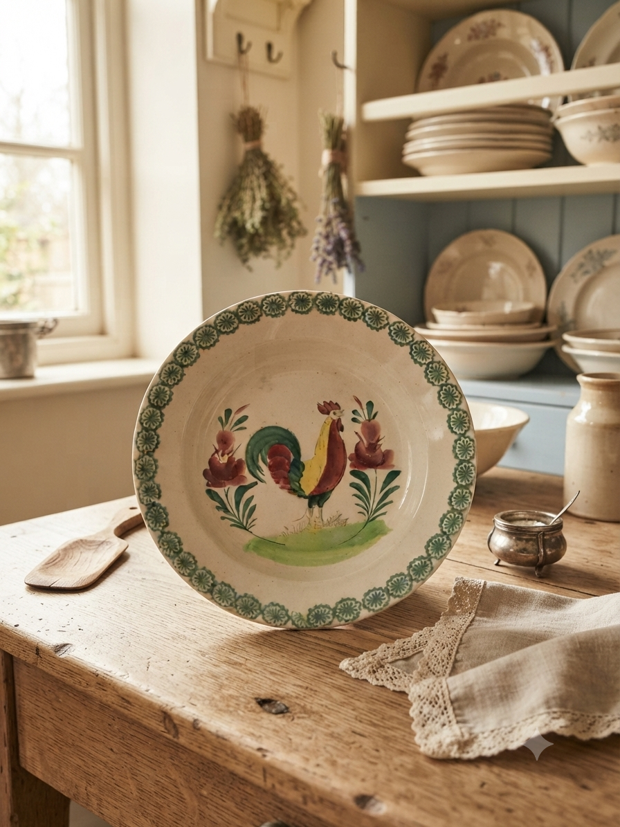 Assiette ancienne "Matin au Coq" – Faïence de Saint-Amand