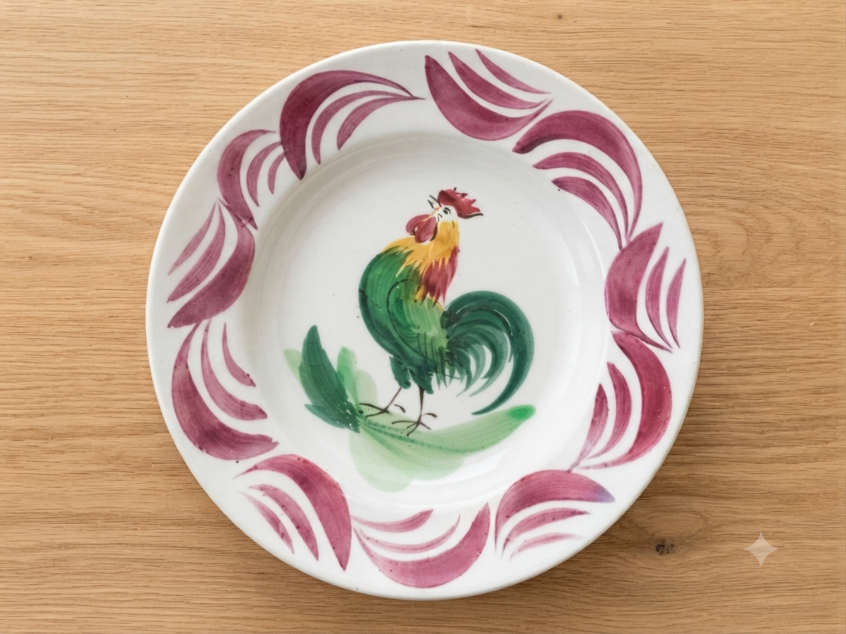 Assiette ancienne / plat au coq — Faïence Moulin des Loups & Hamage (Orchies) — Style Cottage / Campagne Chic