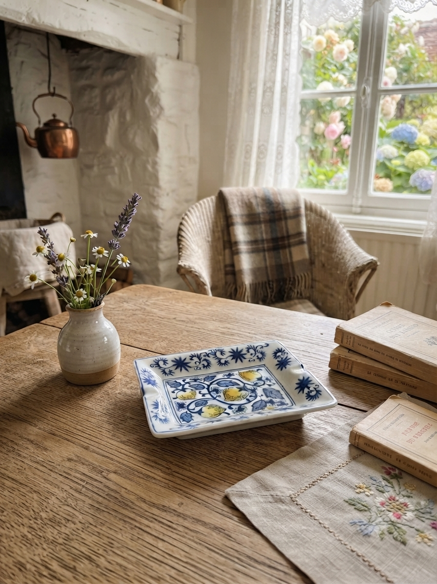 Esprit campagne chic : Pièce en faïence décor citron et frise bleue