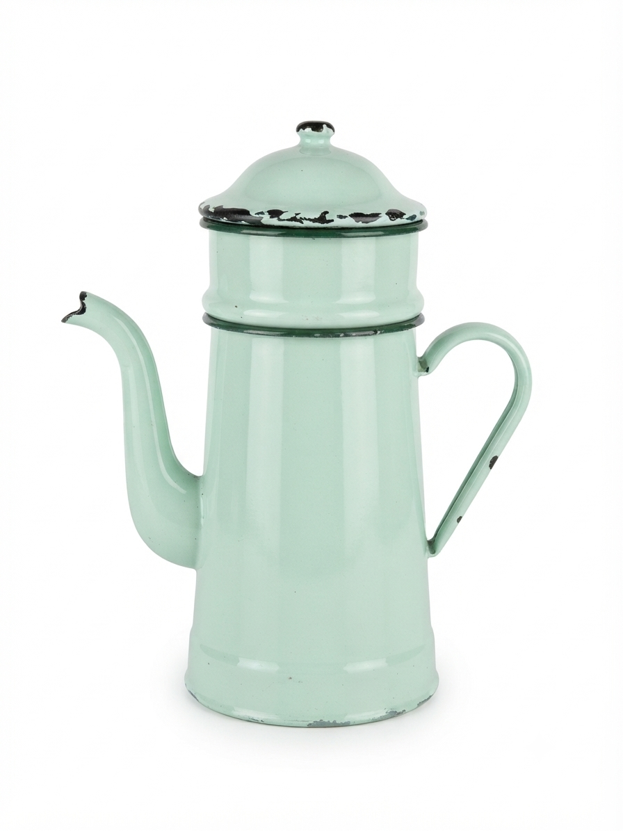Grande cafetière ancienne en tôle émaillée bleu ciel pastel – Déco campagne cottage vintage