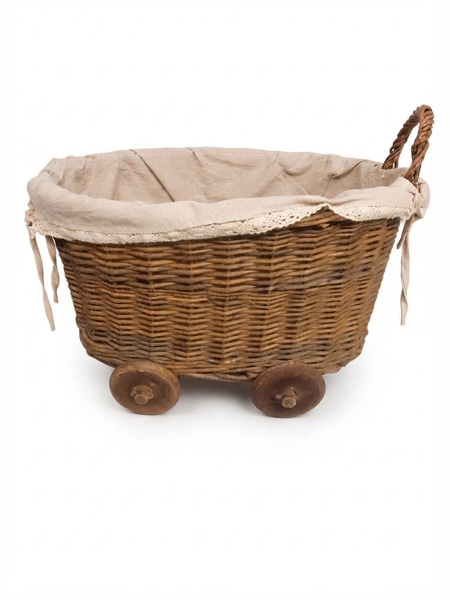 Ancien chariot panier en osier sur roues - Style campagne chic