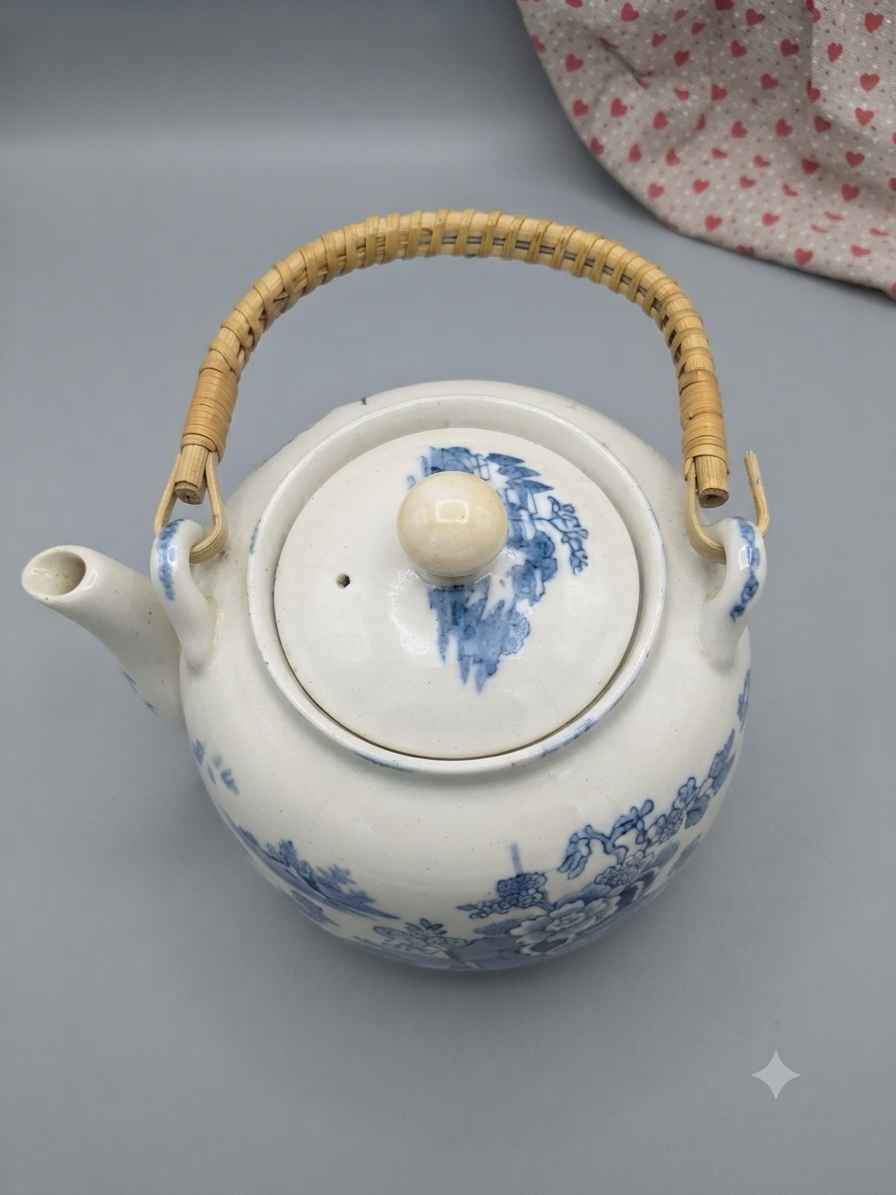 Service à thé japonais vintage bleu & blanc – Pagodes et anse en osier (6 tasses)