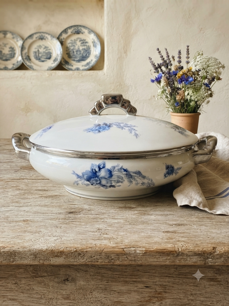 Légumier ancien en faïence blanche, délicats floraux bleus & prises Art Déco