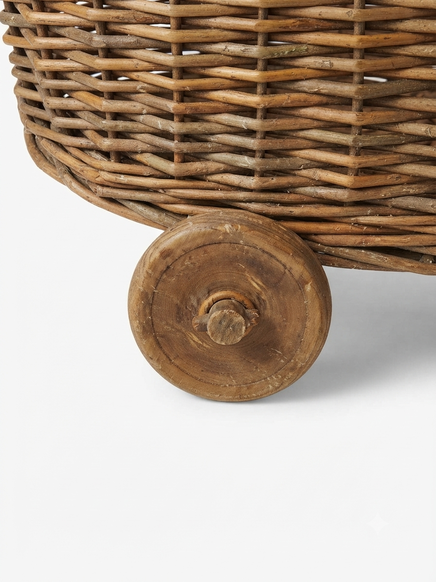 Ancien chariot panier en osier sur roues - Style campagne chic
