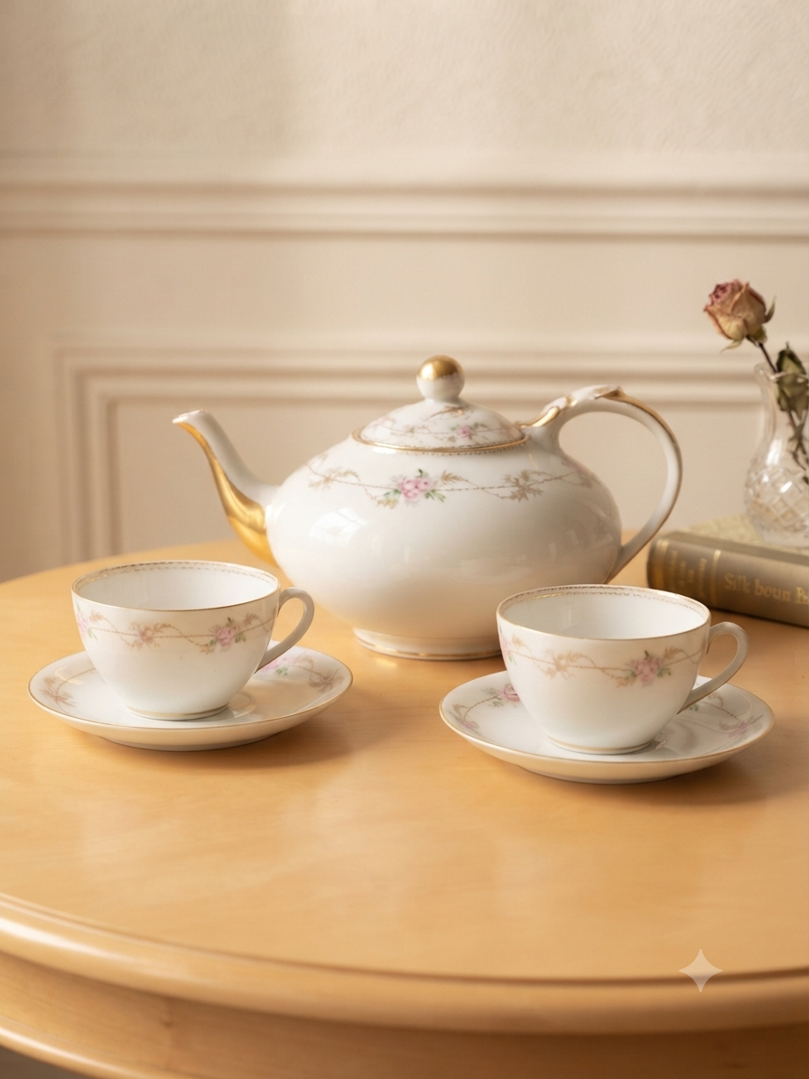 Service à thé vintage "Royal Crown Porcelain" – Rosées & Filets d'or (Théière & 2 tasses)