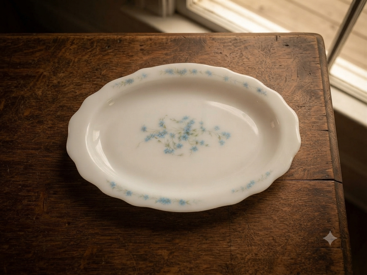Grand plat ovale vintage Arcopal — Décor floral bleu poudré (34 cm)