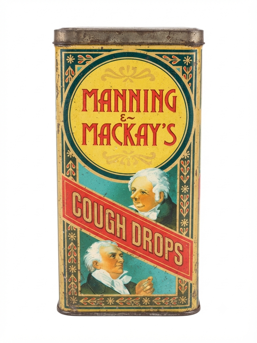 Ancienne boîte publicitaire en tôle "MANNING & MACKAY'S COUGH DROPS" - Vintage
Boîte de pastilles pour la toux Manning & Mackay's - Tôle lithographiée d'origine