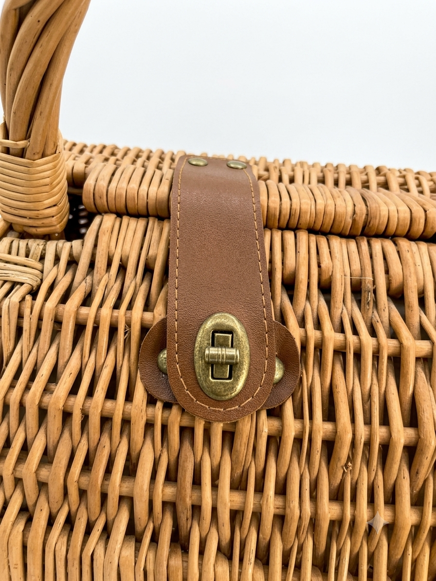 Panier de Pique-Nique Vintage en Osier et Cuir